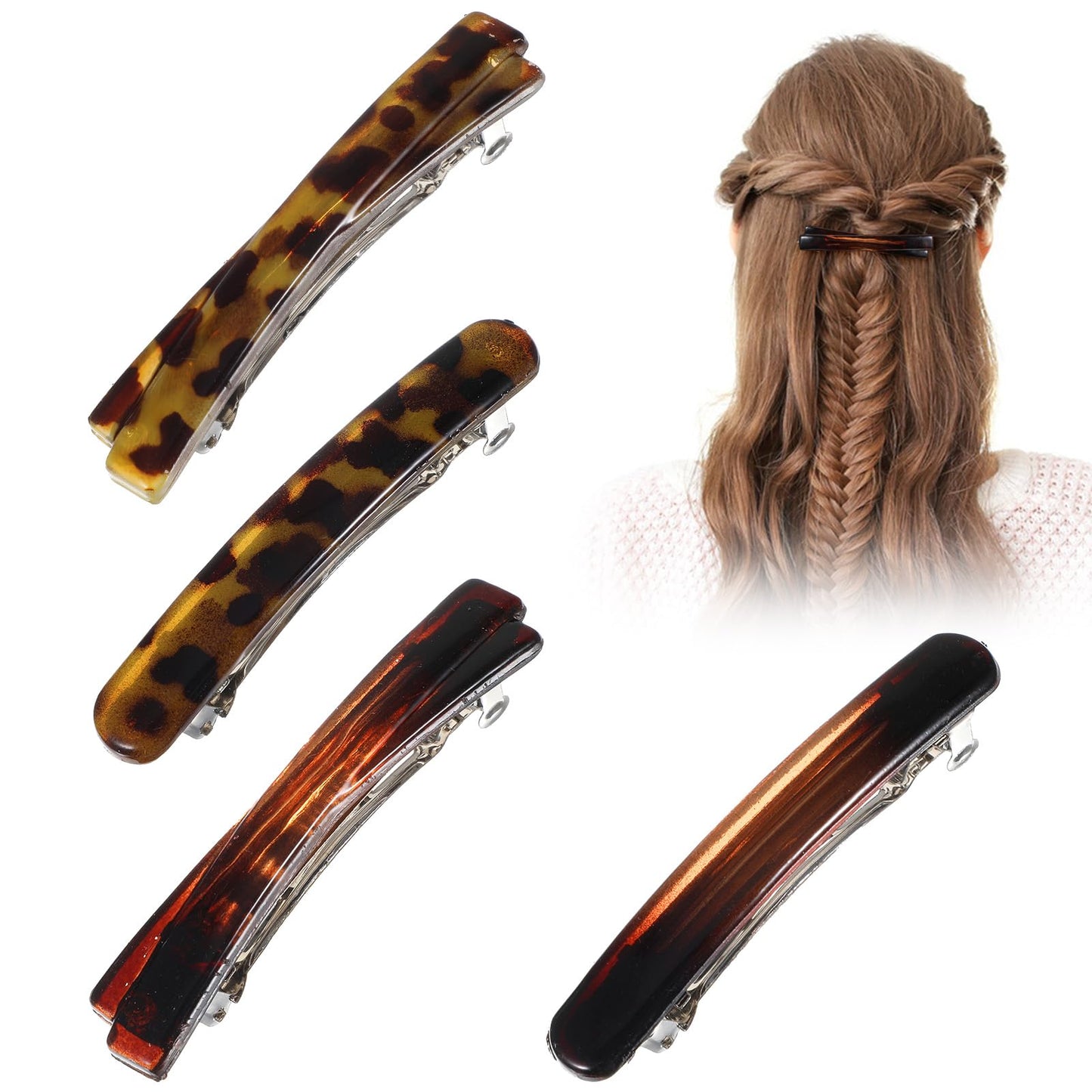 4Pcs French Barrette Hair Clips Flat Hair Clips for Women 2.56 Inch Small Tortoise Shell Hairs Clip Barrettes for Women Fine Hai