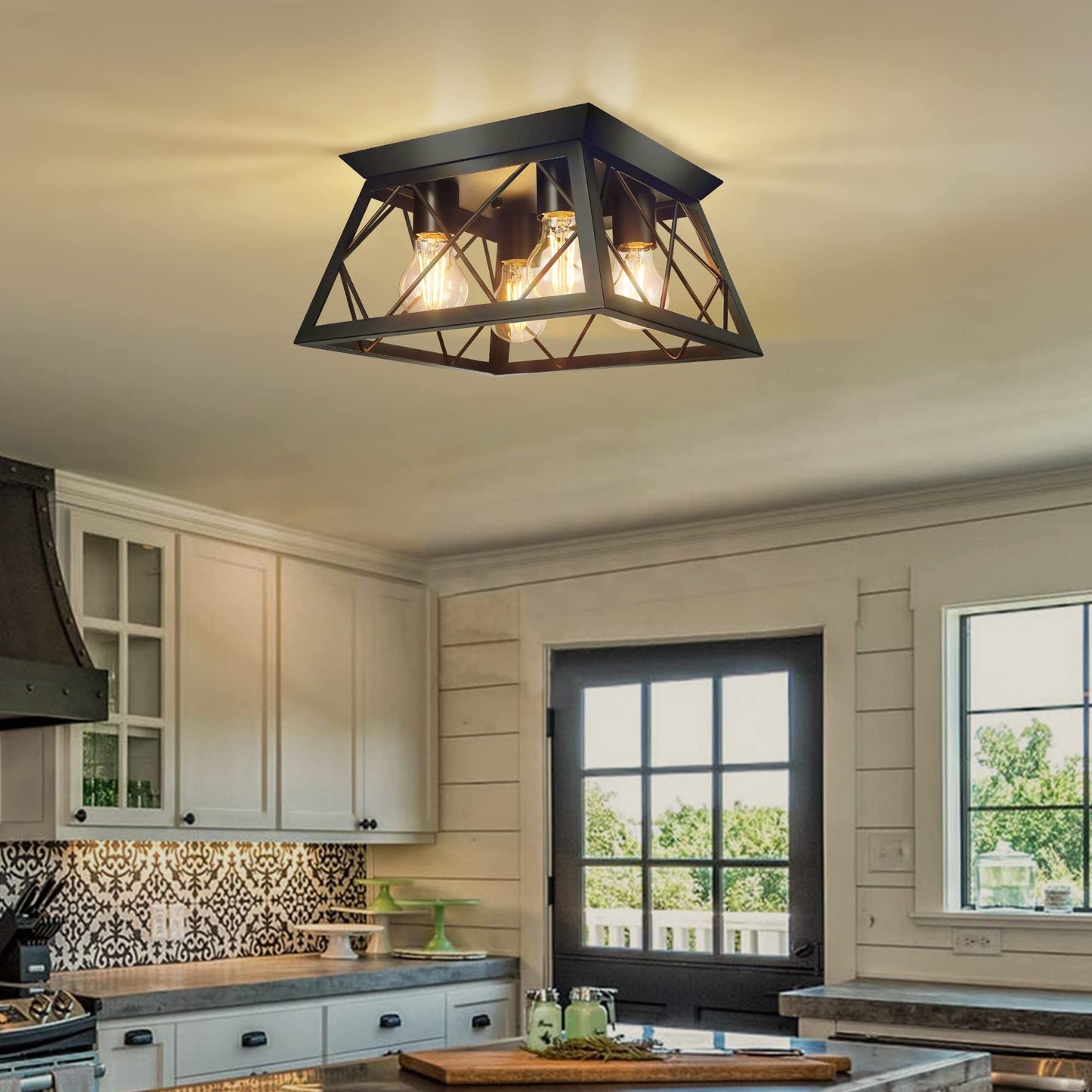Fadimikoo 4-Light Black Metal Flush Mount Ceiling Light, Industrial Square Cage Design For Kitchen, Dining Room, Living Room