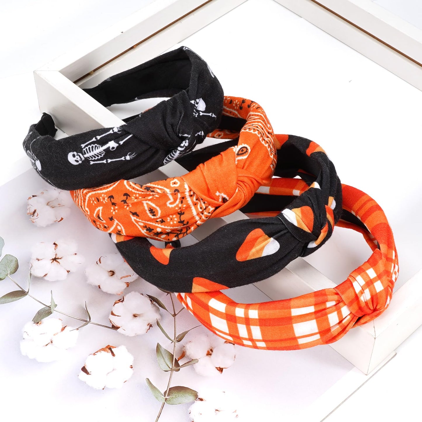 Halloween Headbands for Women Girls Skeleton Skull Candy Wide Knot Heabdand Fall Orange Bandana Plaid Hairbands Hair Accessories