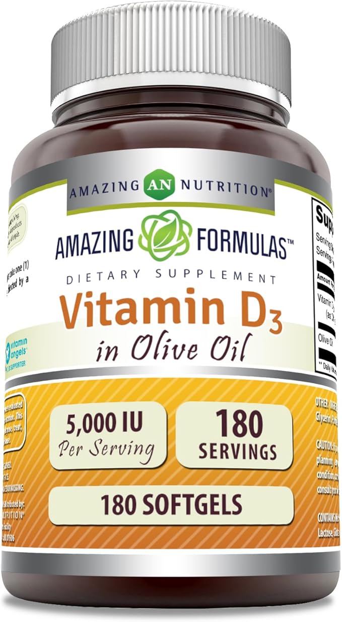 Amazing Formulas  Vitamin D3 with Olive Oil  5000  IU Softgels Supplement | Non-GMO | Gluten Free | Made in USA (180 Count)
