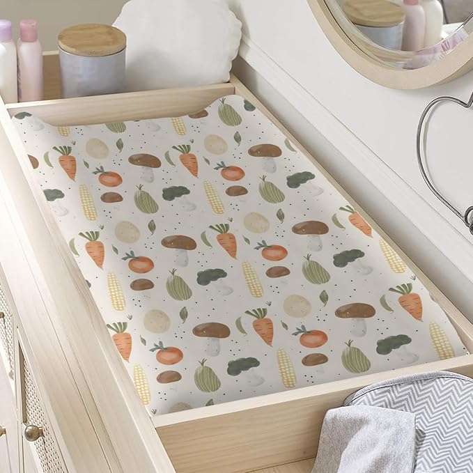Cartoon Vegetable Mushroom Carrots Pattern Baby Changing Pad Cover, Unisex Vegetable Nursery Diaper Changing Table Pad Mat Sheet for Boys Girls-16x32