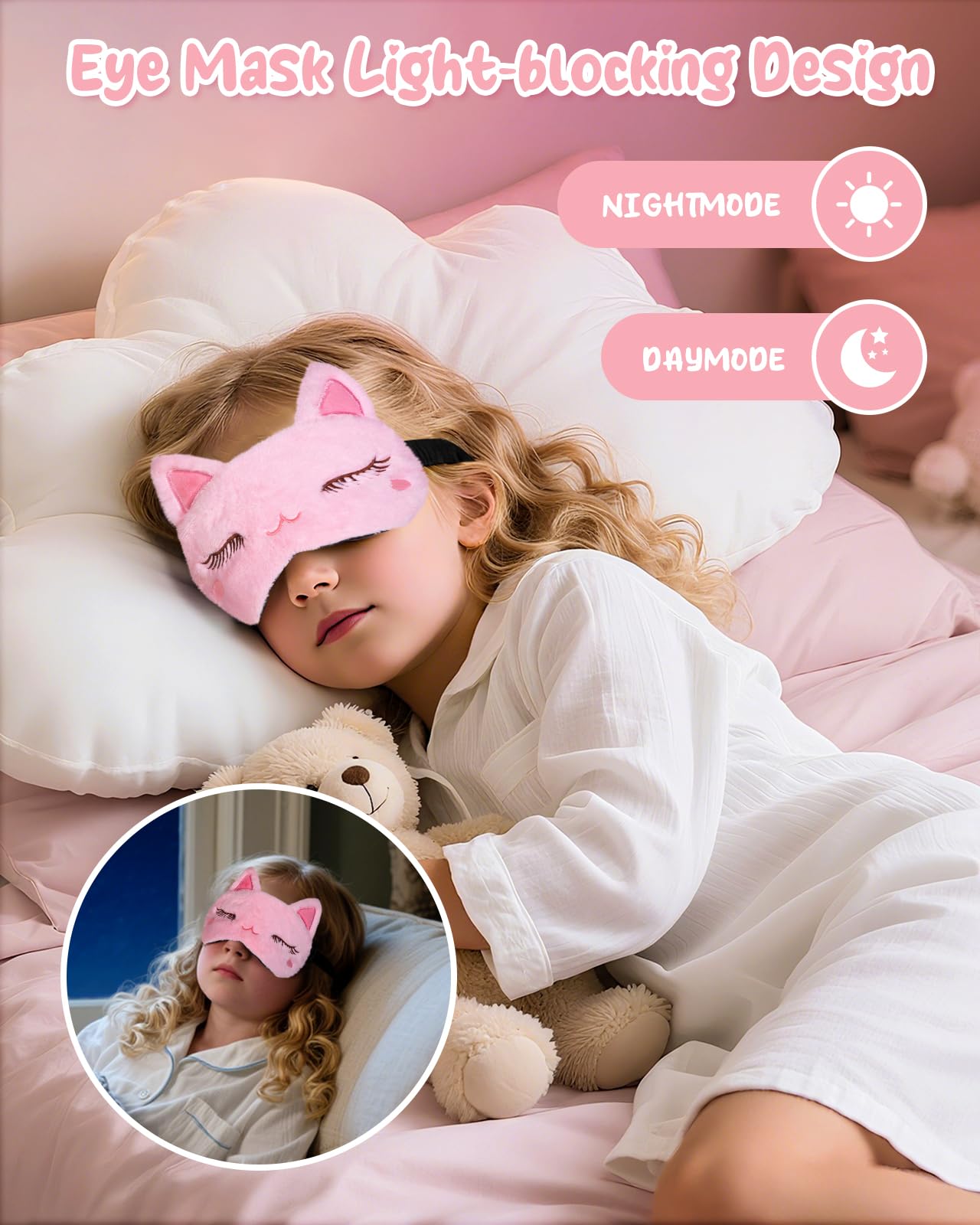 Miss Adola Sleep Mask for Kids - Valentines Gift for Kids Cute Plush Fuffy Sleeping Eye Cover Kawaii Soft Eyeshade Animal Eye Blindfold for Girls Boys Teens with Adjustable Strap, Cat