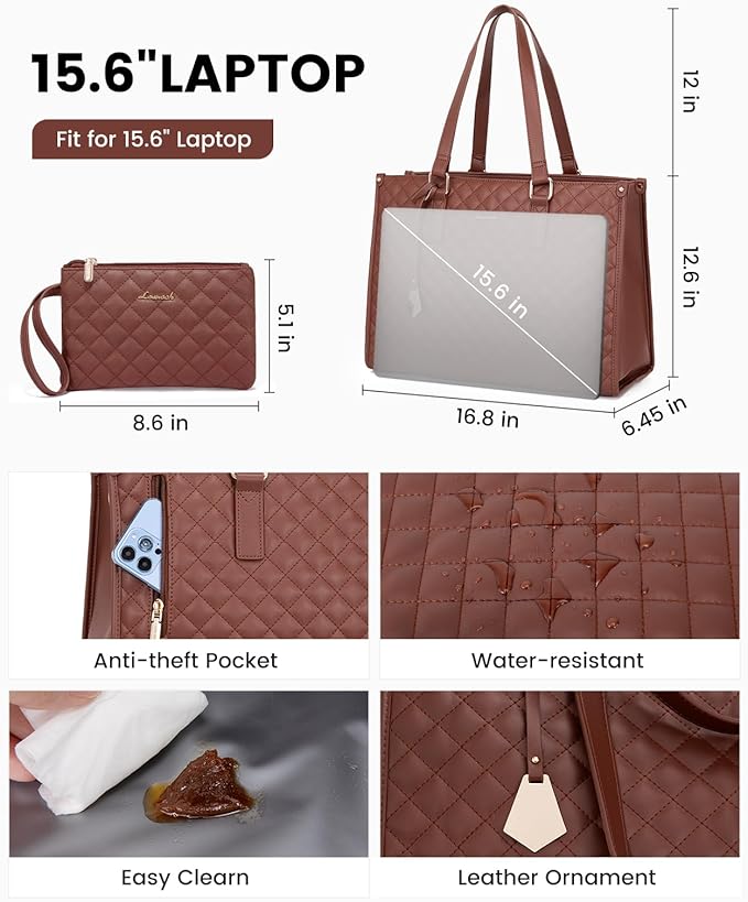 LOVEVOOK Lunch Tote Bag for Women, 15.6 Inch Laptop Bag with Insulated Lunch Compartment, Quilted Large Capacity Computer Handbag with Purse for Business, Work, Nurse, Collage, Office, Casual, Brown