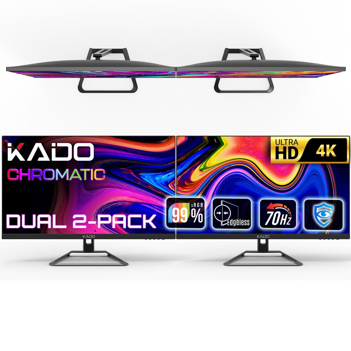 Kado Dual Monitor Setup - 2-Pack 27" 4K UHD Computer Monitor 3840x2160 70Hz VESA Mount HDMI DisplayPort Office Gaming Hybrid Built-in Speakers (U27X Dual Series)
