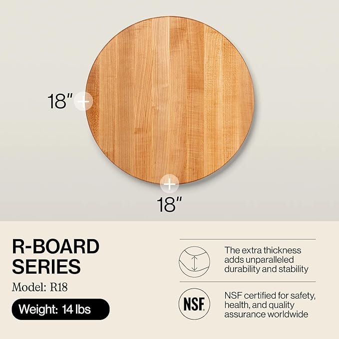 John Boos R-Board Series Round Wooden Maple Cutting Board 18”x18” – 1.5” Thick, 14-lb Reversible Butcher Block with Edge-Grain – Made in the USA