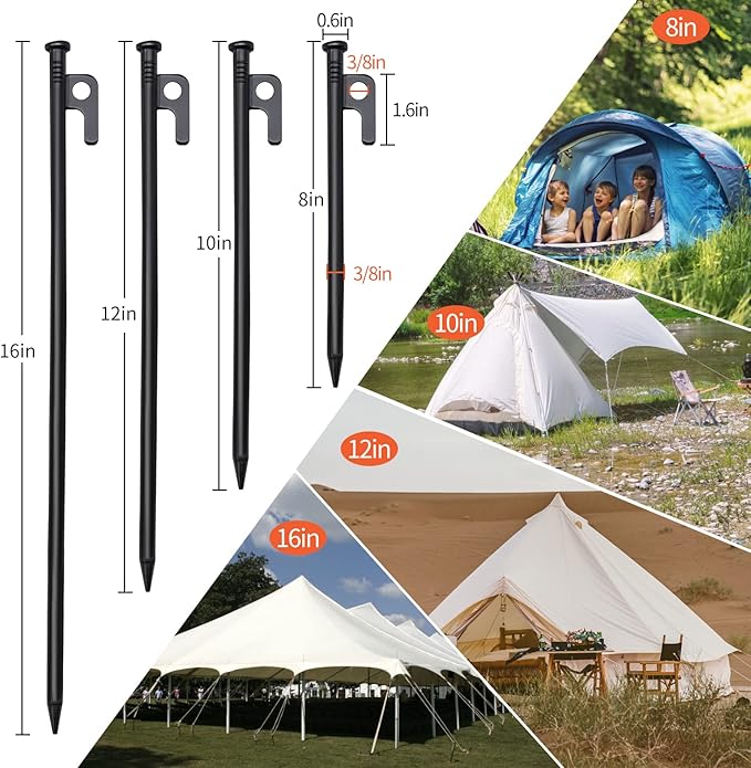 16 Pack Tent Stakes, 16in Tent Stakes Heavy Duty with Storage Bag, Forged Steel Tent Pegs for Camping Unbreakable and Inflexible(16pcs 16in Stakes)