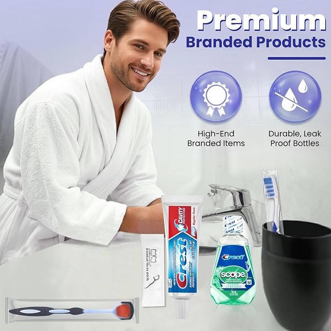 Trektote Bulk Toothpaste and Toothbrush Set- (25 Pack) 6 Piece Dental Care Kit, TSA Compliant, Includes Toothpaste, Toothbrush, Mouthwash, Flosses and Premium Toiletry Bag