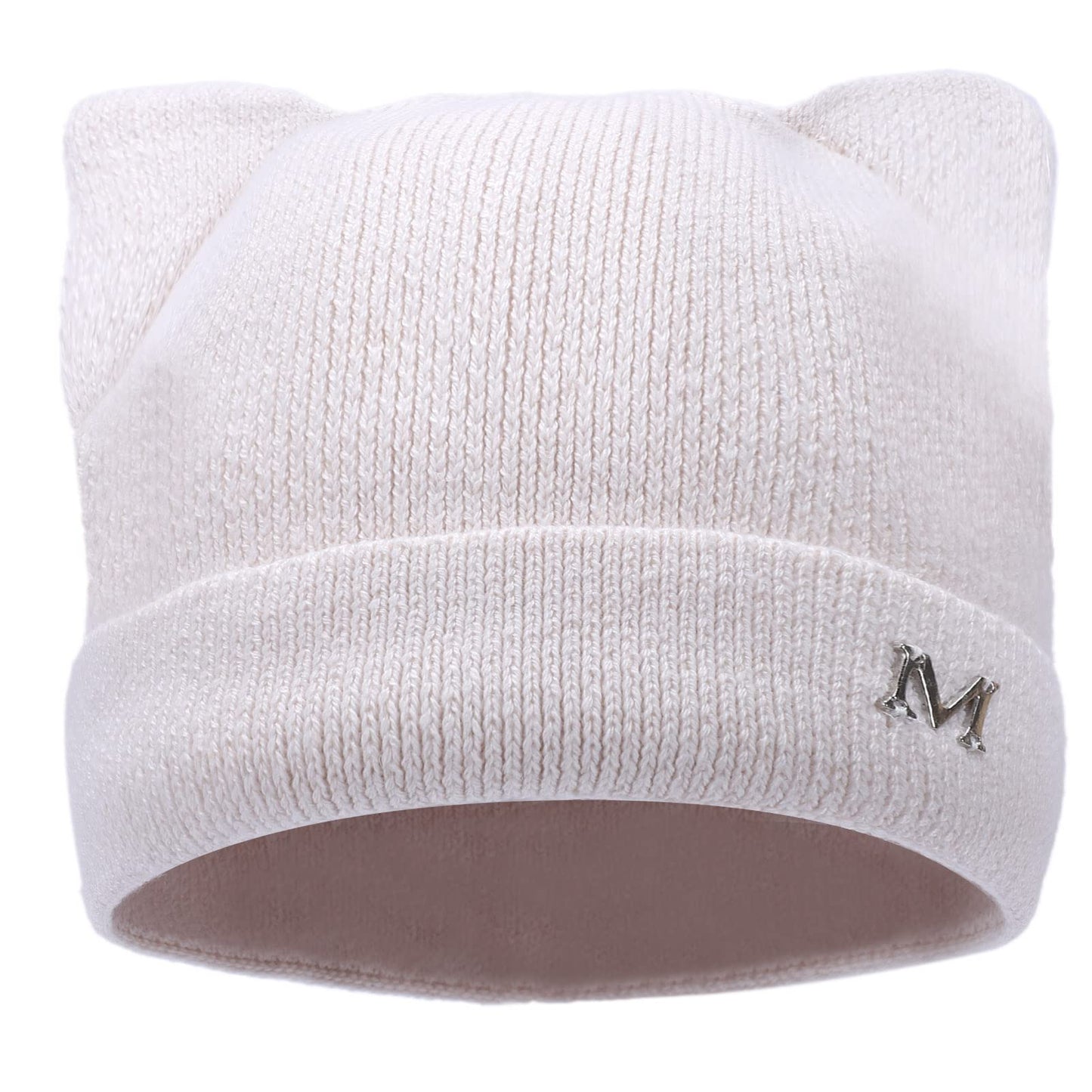 LUCKYBUNNY Cat Ear Beanie for Women Girls, Autumn Winter Knit Cuff Beanie Hip Hop Beanie Hat Cat Crochet Ski Cap White