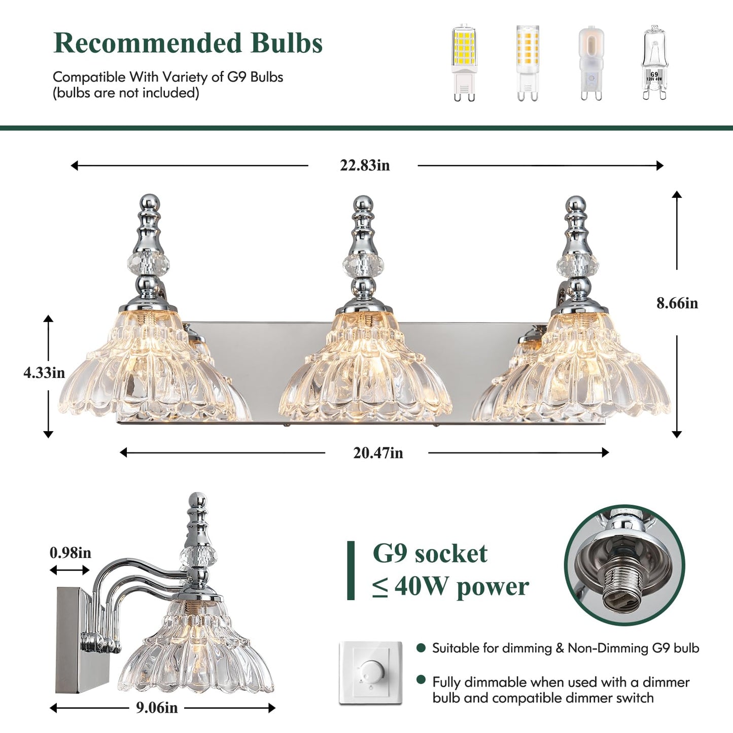 Lbsqj Vintage Bathroom Vanity Light  3-Light Chrome Vanity Lighting Fixture With Flower Glass Shade  Bathroom Lighting Fixtures Over Mirror