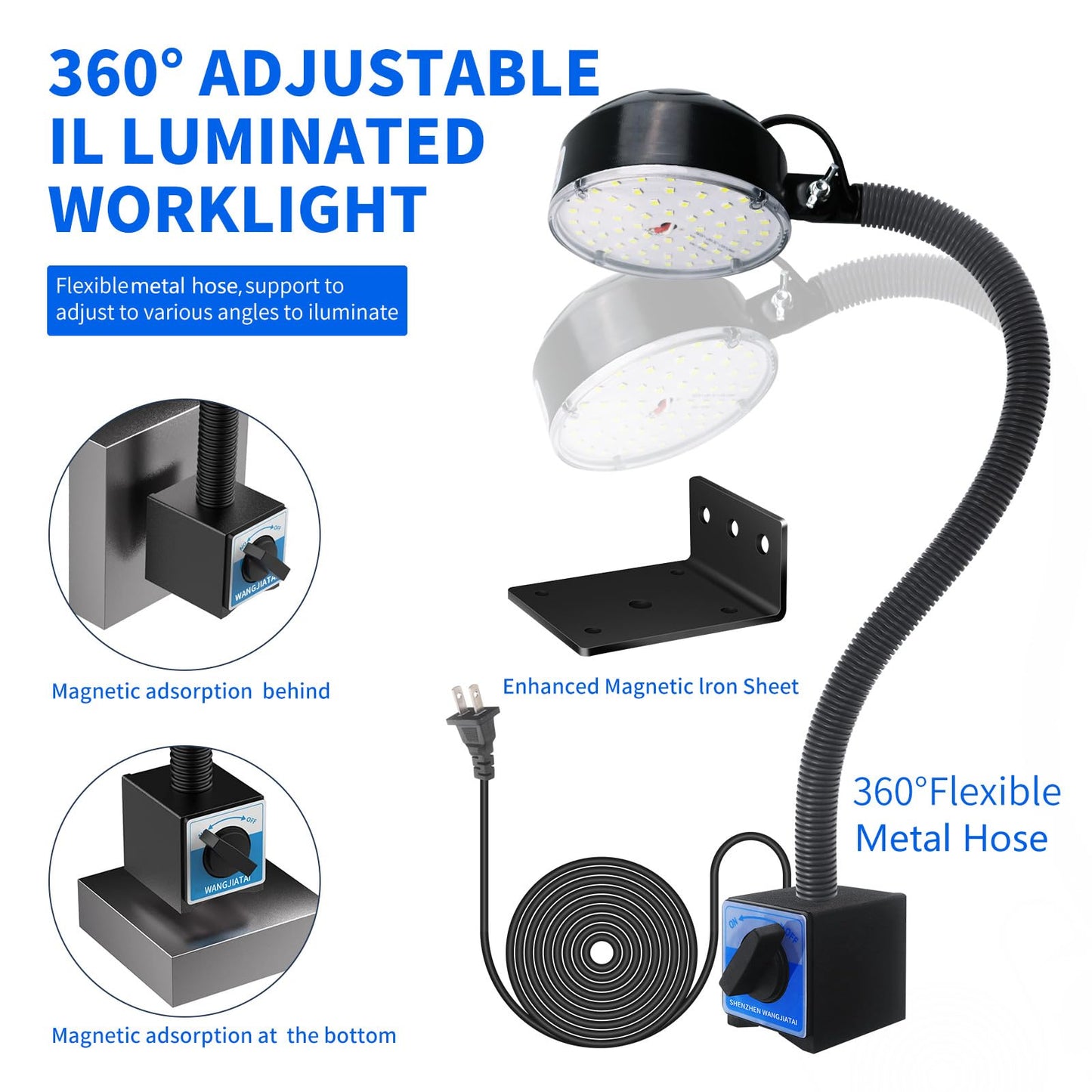 WangJiaTai Magnetic Work Light, LED Machine Light, Work Light with Flexible & Magnetic Base, Shop Tool Lamp for Lathe, Work Bench, Sewing Machine, Bandsaw, Industrial Lighting, 2000 Lumens, Black