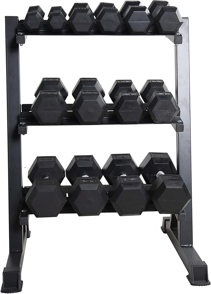 CAP 280 lb Coated Chrome Handle Hex Dumbbell Weight Set with Three Tier Rack