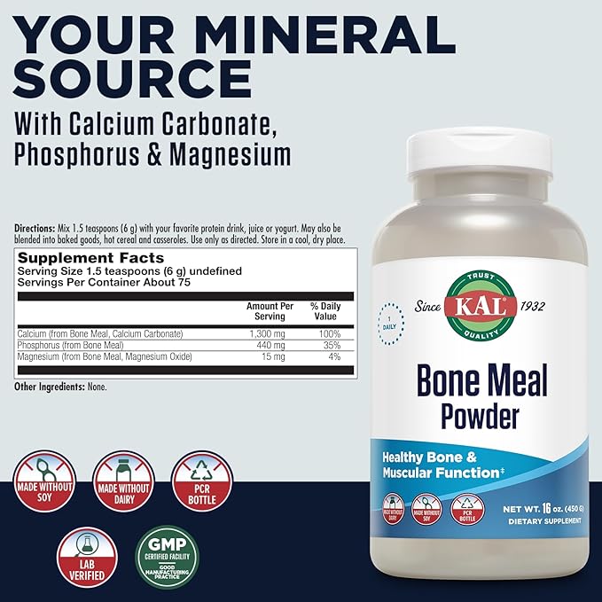 KAL Bone Meal Powder | Sterilized & Edible Supplement Rich in Calcium, Phosphorus, Magnesium | For Bones, Teeth, Nerves, Muscular Function | 16 oz
