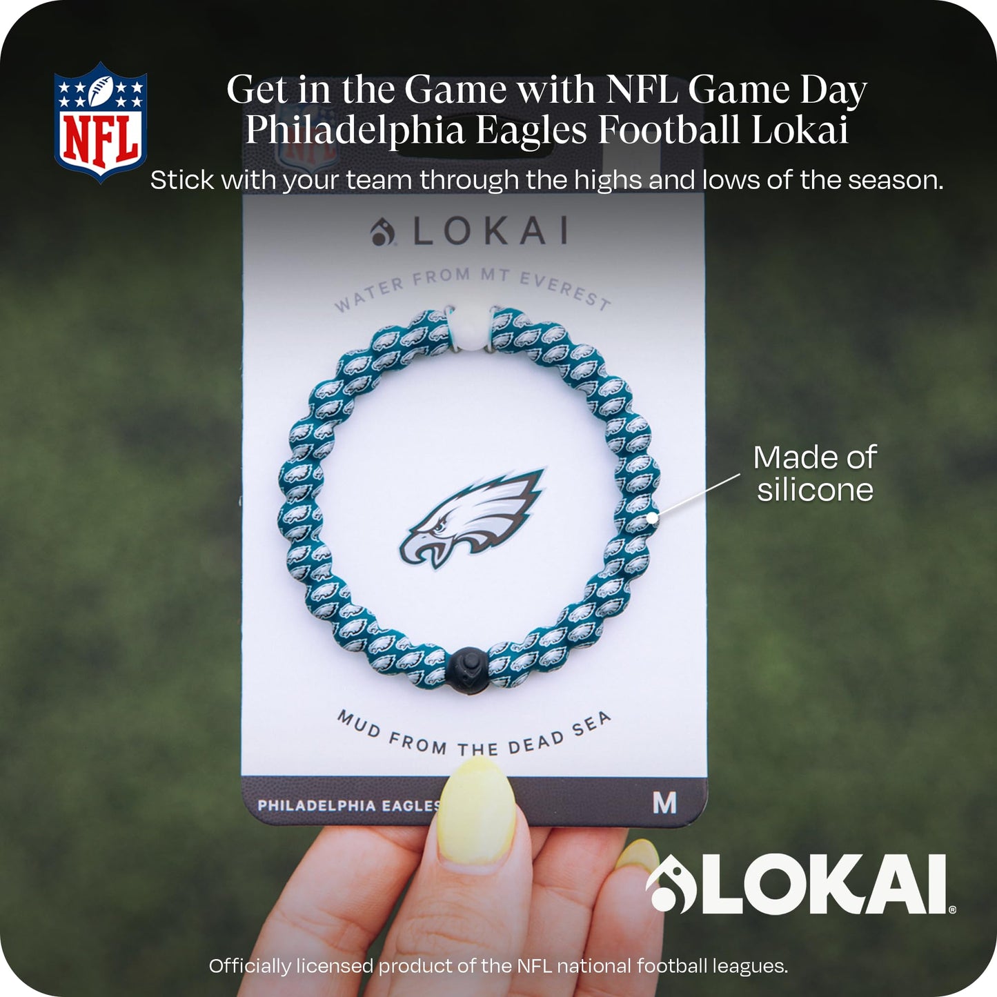 Lokai Silicone Beaded Bracelet for Men & Women, NFL Football Collection - Philadelphia Eagles, Green Logo, Large - Silicone Jewe