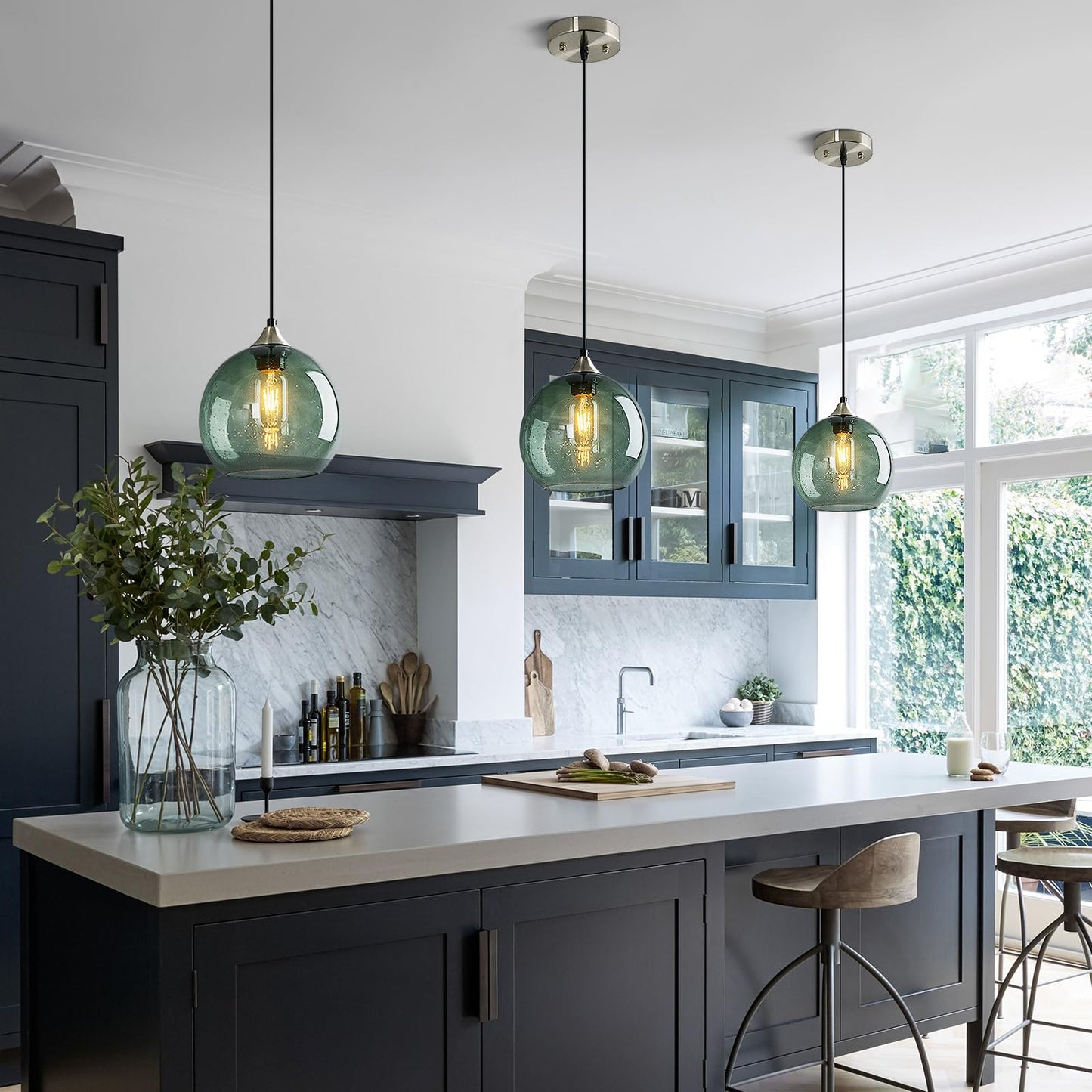 Lbsqj Gray Green Glass Pendant Lights Kitchen Island Lighting Globe Pendant Light Fixtures Modern Pendant Lighting For Kitchen Island Bedroom Living Dining Room Light Fixture(7.87In  3-Pack)