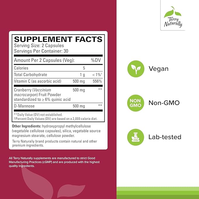 Terry Naturally Urinary Tract Intensive Support - Cranberry Health Supplement to Support Bladder Health - Kidney Health Supplement with D-Mannose & Vitamin C - 60 Capsules (30 Servings)