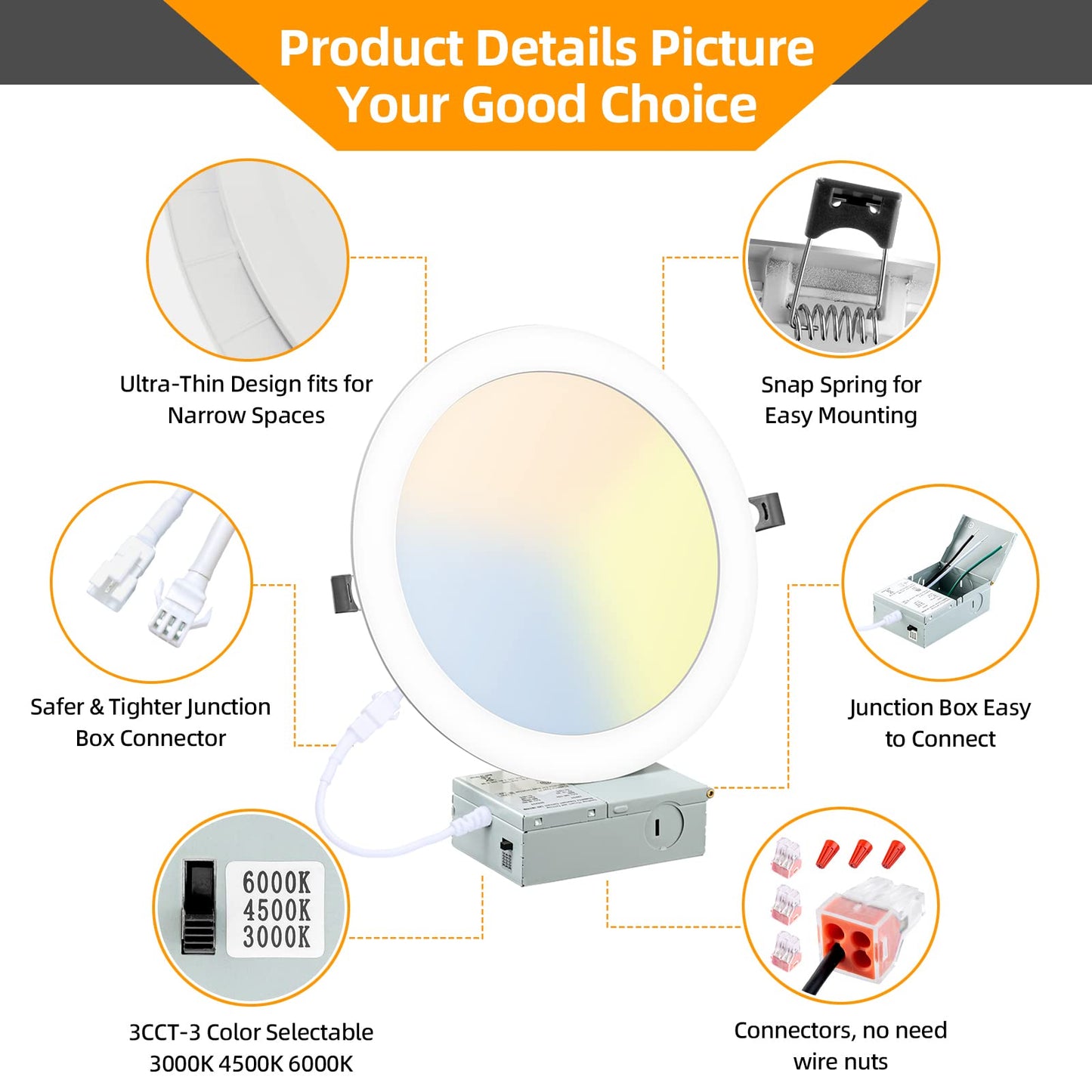 LZHOME 8 Inch Recessed LED Light: 18 Packs Ultra Thin LED Recessed Lighting with Junction Box, 3000K/4500K/6000K Selectable, 2700K-5000K, High Brightness 1800LM Dimmable Canless LED Downlight