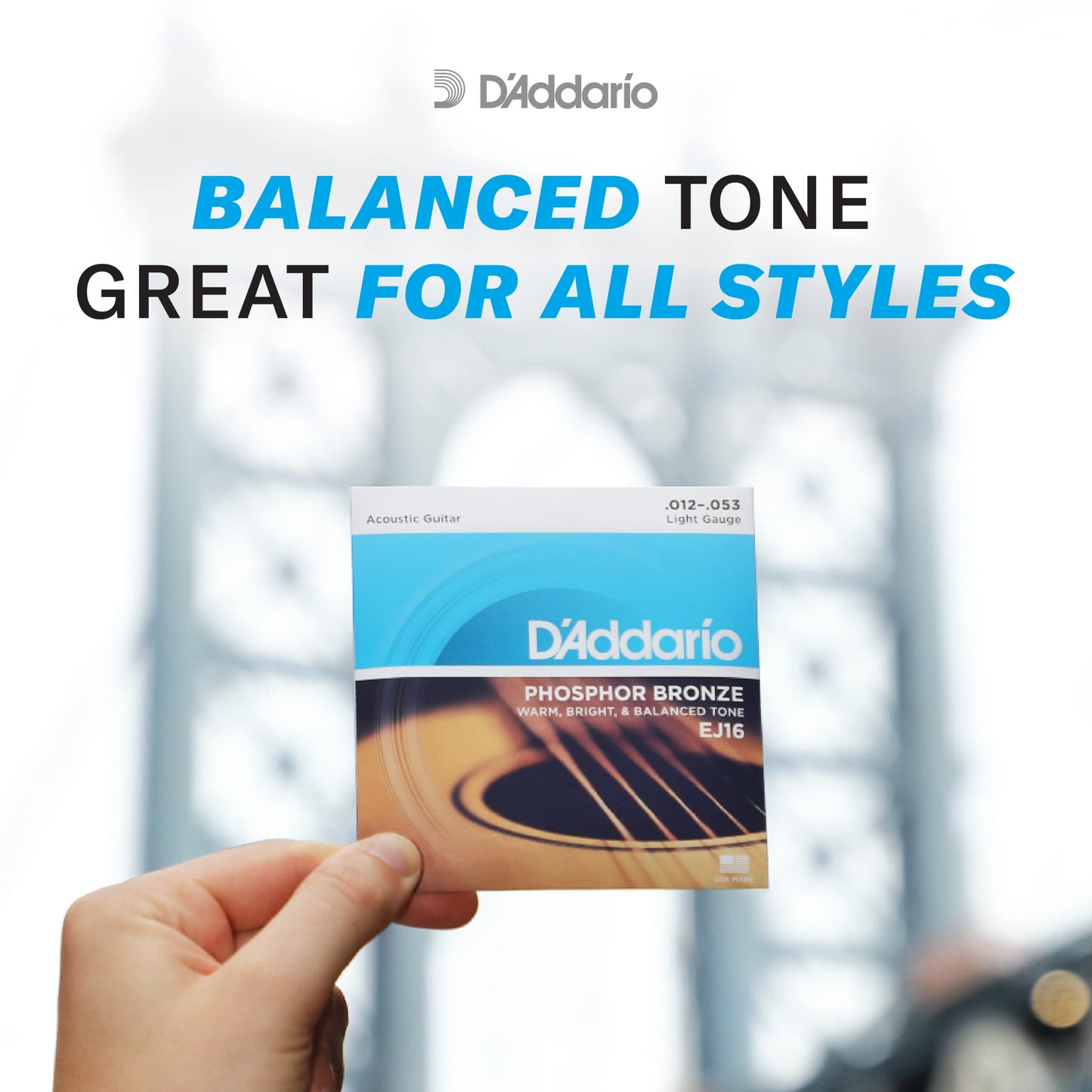 Daddario Acoustic Guitar Strings, Phosphor Bronze, Ej16, Light Gauge 12-53, 6-String Set, Pack Of 1