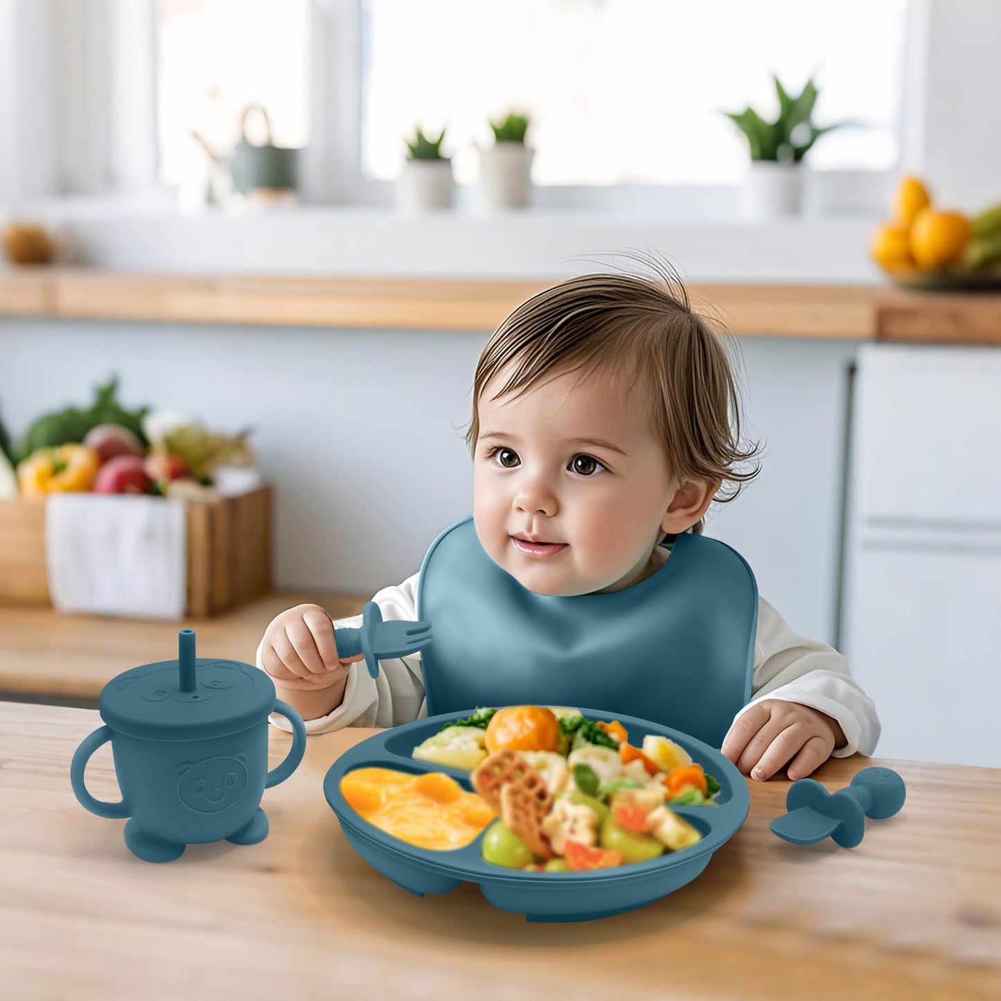 Baby Led Weaning Supplies, 17 Piece BPA-Free Silicone Feeding Set, Eating Essentials Baby Utensils with Suction Plate and Bowl, Pocket Bib, Sippy Cup with Lid, for 6+ Months, Blue