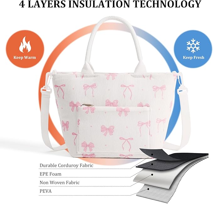 Lunch Bag for Women Adult Large Insulated Lunch Box Girl Cute Corduroy Lunch Tote Bags Reusable Leakproof Cooler Work Picnic