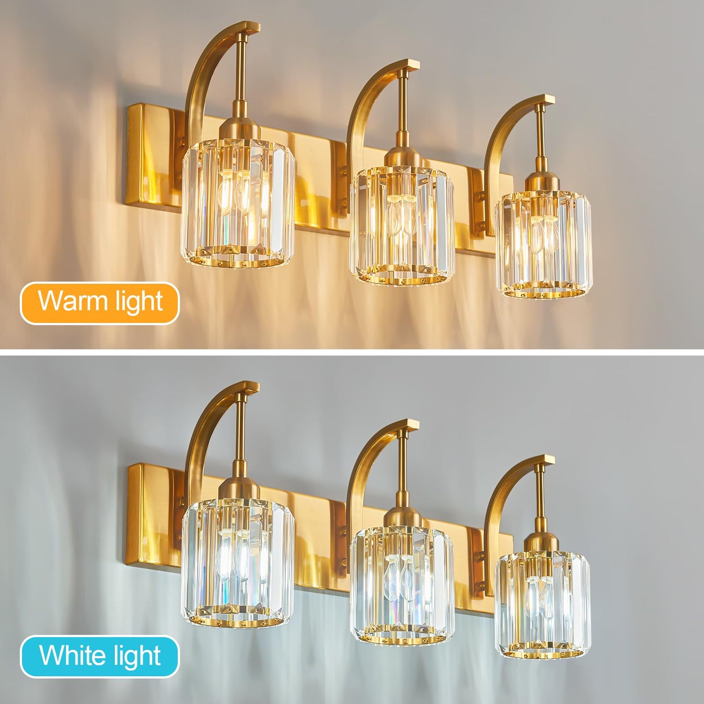 Fdpby 3-Light Crystal Vanity Light  Modern Gold Bathroom Wall Sconce With K9 Crystal Shades  23.62 Long Over Mirror Lighting For Vanity  Makeup  Hallway  Elegant & Durable