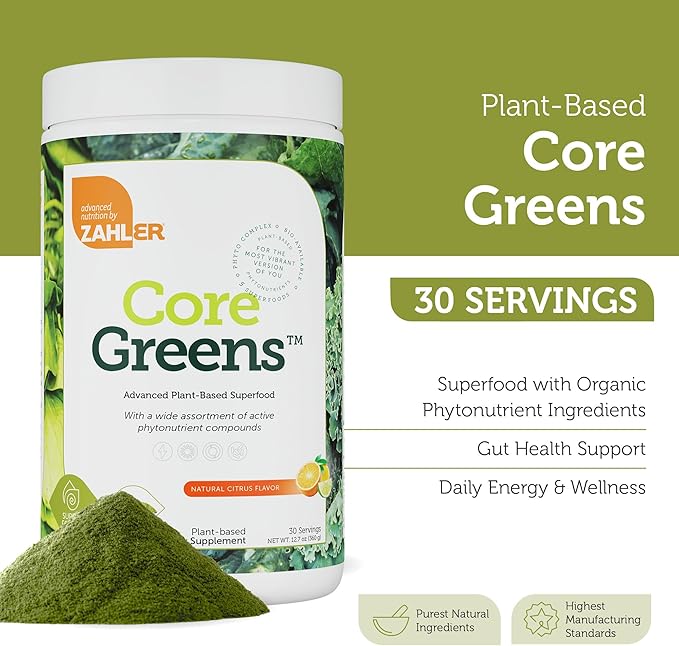 Zahler Core Greens - Organic Superfood - Phytonutrient Rich Super Greens with Spirulina, Chlorella & More - Kosher Non GMO Green Juice/Green Smoothie Citrus Flavor