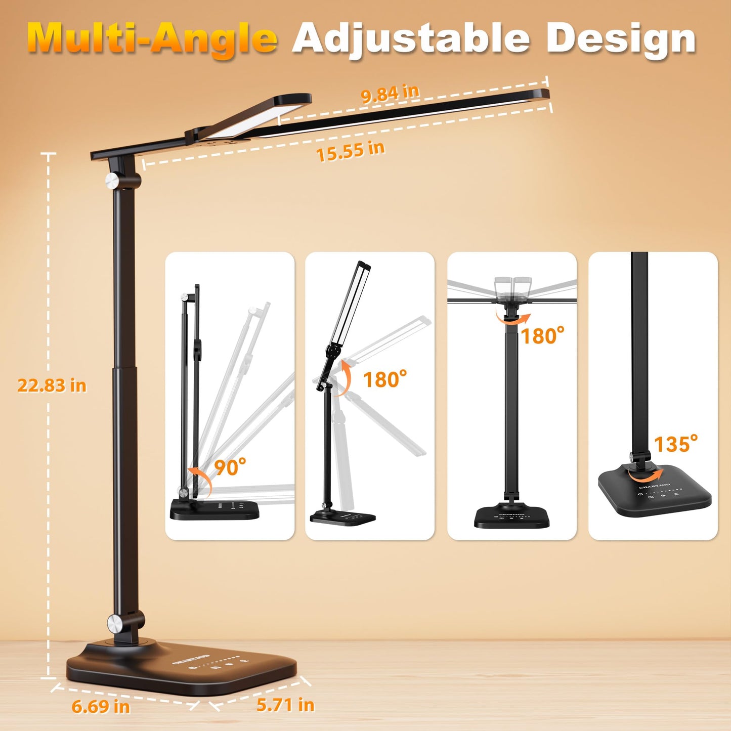 CHARYJOD LED Desk Lamp, Height Adjustable, Stepless Dimming, Aluminum, Black, Model JB007