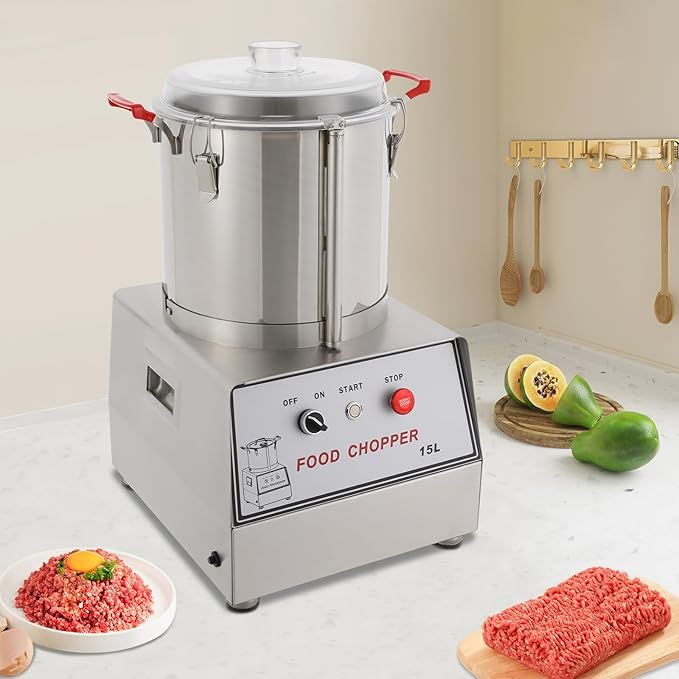 1400W Commercial Food Processor, 15L Stainless Steel Electric Food Chopper Machine, 1400RPM Grinder with Safety Lock & Clear Lid