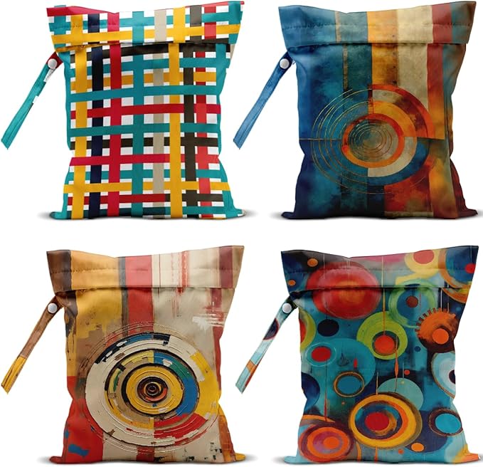 4 Pack Cute Wet Bag Waterproof Washable Reusable Wet Dry Bag for Swimsuit Dirty Clothes Diaper Travel Pool Gym Christmas Toiletries Beach Essentials，Abstract Red Blue Yellow Vivid Circular Decor