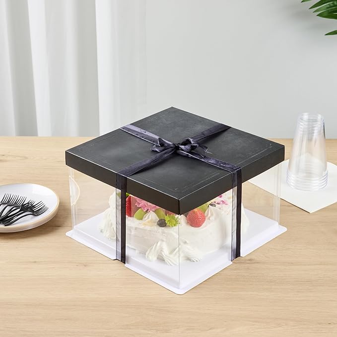 Restaurantware Sweet Vision 10 Inch x 8.25 Inch Transparent Cake Boxes 10 Grease Resistant Base Clear Cake Boxes - Black Lid Black Ribbon Plastic Birthday Cake Boxes For Weddings Or Birthdays