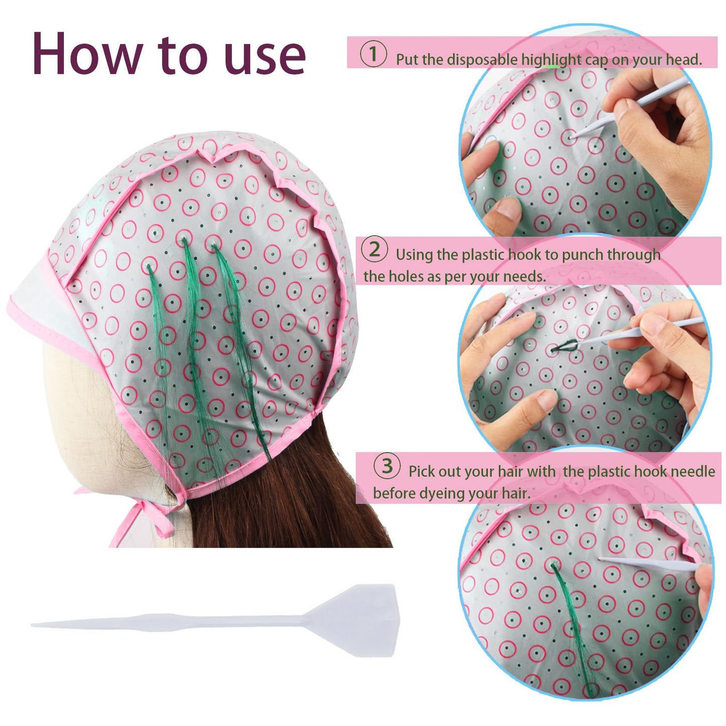 Hair Highlighting Cap, Pink Hair Coloring Frosting Dye Kit with Plastic Crochet Hook for Salon DIY Hair Dyeing Hairdressing