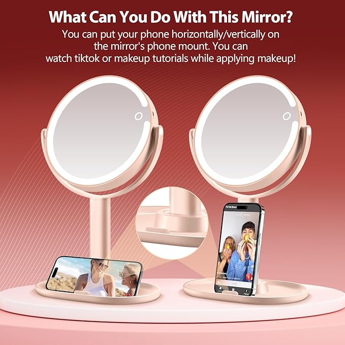 MIYADIVA Makeup Mirror with Lights,20X Magnifying Mirror with Light and Touch Switch,Vanity Mirror with 3 Color Light and 80 LEDs,2-Sided Lighted Magnified Mirrors 8.8 Inches, Pink