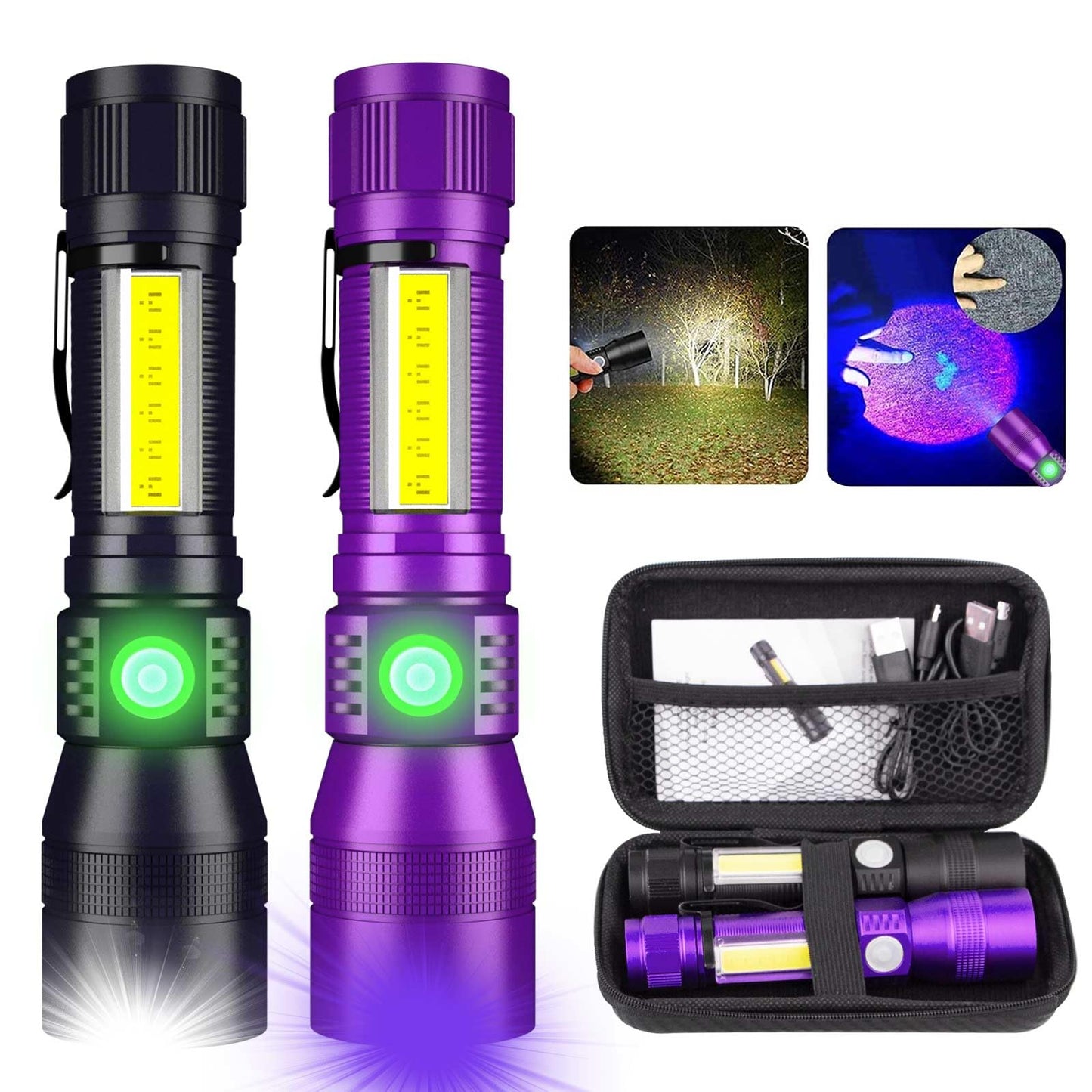 AdamStar 3 in-1 Rechargeable Black Light Flashlight, UV LED, 7 Modes, Waterproof, Aluminum, (Black + Purple) with Case, Model 016
