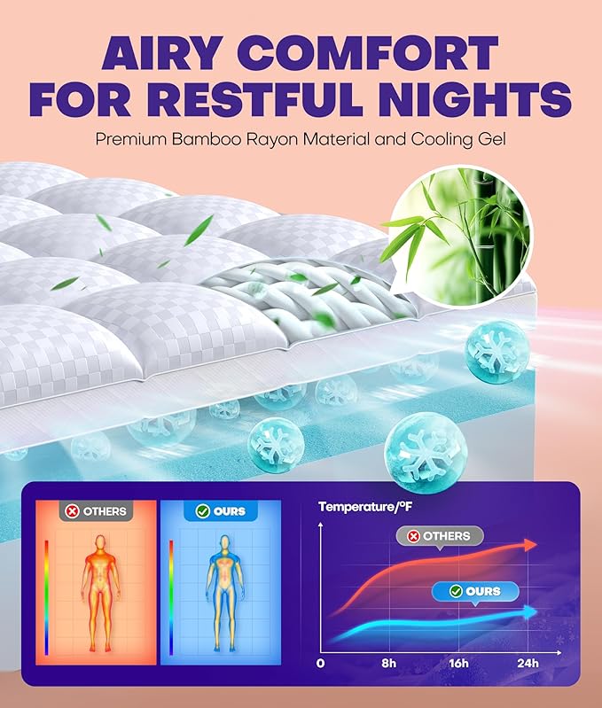 Dual Layer 4 Inch Memory Foam Mattress Topper for Pressure Relief with 4X Support, 2" Pillow Top Full Mattress Topper 50% Viscose Made from Bamboo Plus 2" Cooling Gel Memory Foam Comfort Mattress Pad
