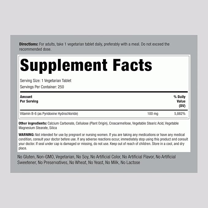 Piping Rock Vitamin B6 100mg | 250 Tablets | as Pyridoxine Hydrochloride | Vegetarian, Non-GMO, Gluten Free Supplement