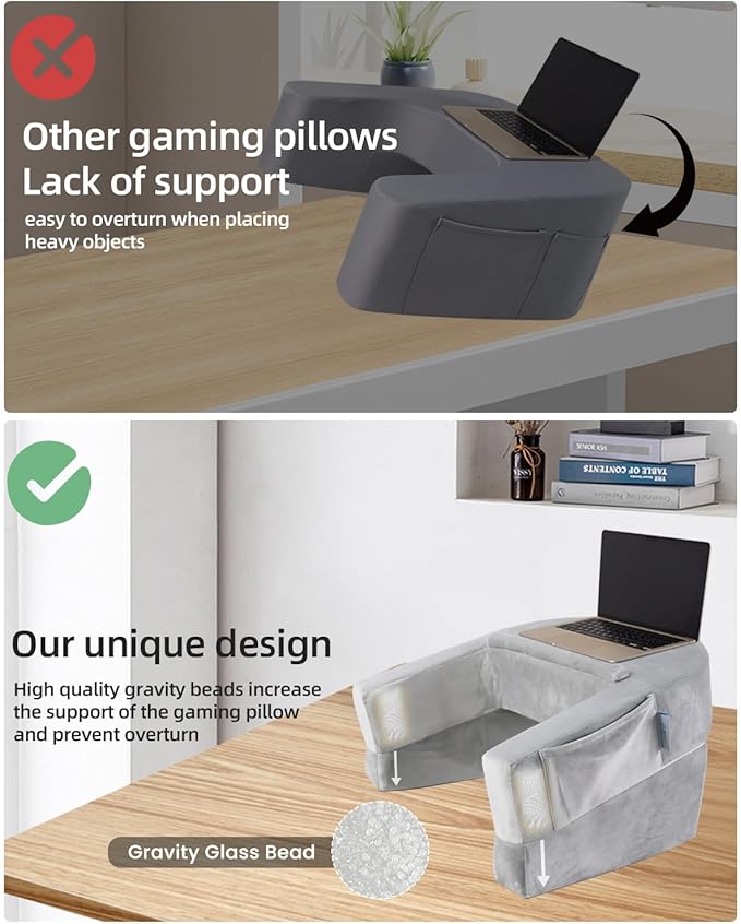 Weighted Idea Reading Pillow for Gaming, Extra Large Arm Rest Pillow for Adult，Lap Desk Pillow Gaming Pillow with 2 Side Pockets for Gaming, Reading, Working Sitting in Bed Floor Sofa (Grey)