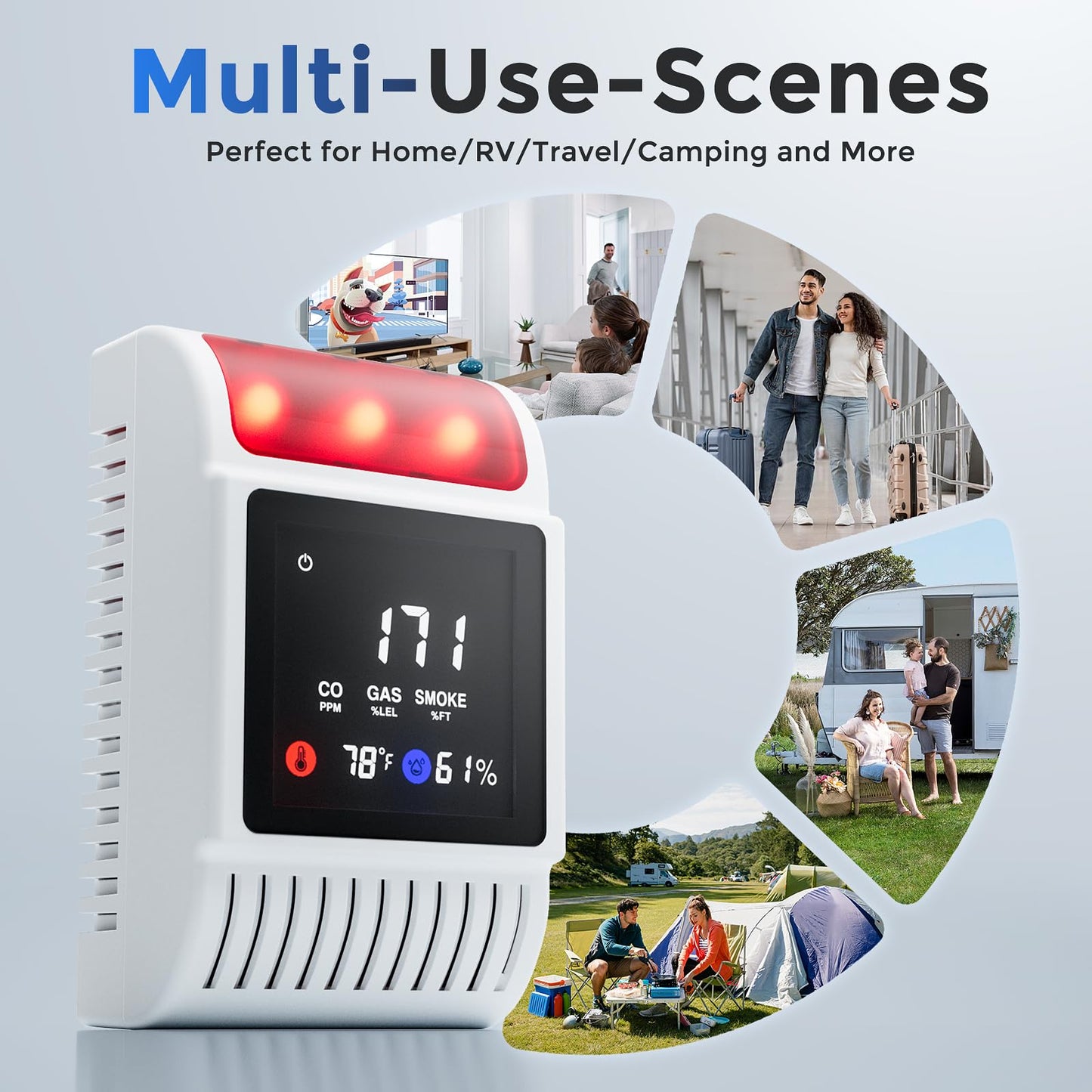 Carbon Monoxide Detectors & Gas Detector, Smoke and Carbon Monoxide Detector Battery Backup with Temperature Humidity Detection, Fire Alarms Smoke Detectors Adjustable Brightness & Sound 3 Pack