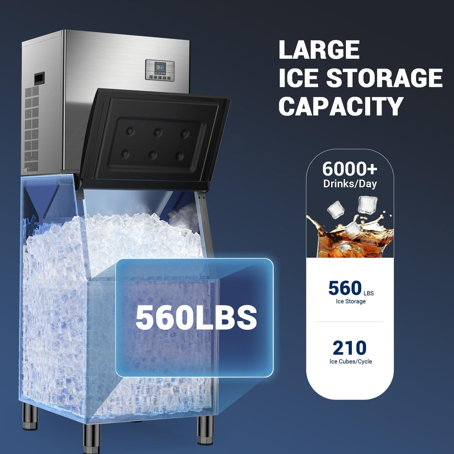 Commercial Ice Machine 680 LBS/24H, Commercial Ice Maker with 560 LBS Storage Bin, Ice Cubes Ready in 5-15 min, Freestanding Ice Maker Machine, Self-Cleaning, Thicknesses Adjustable, Stainless Steel