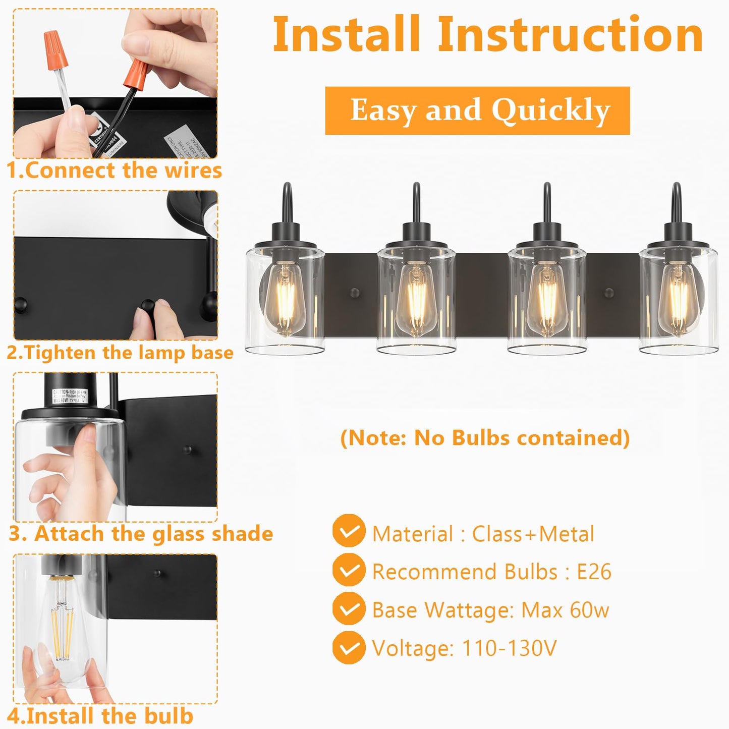 Baocuz 4-Light Vanity Lights for Bathroom, Modern Black Bathroom Light Fixtures Over Mirror, 23.6 inch Bathroom Wall Sconces for Hallway, Bedroom, Living Room with Clear Glass Shade