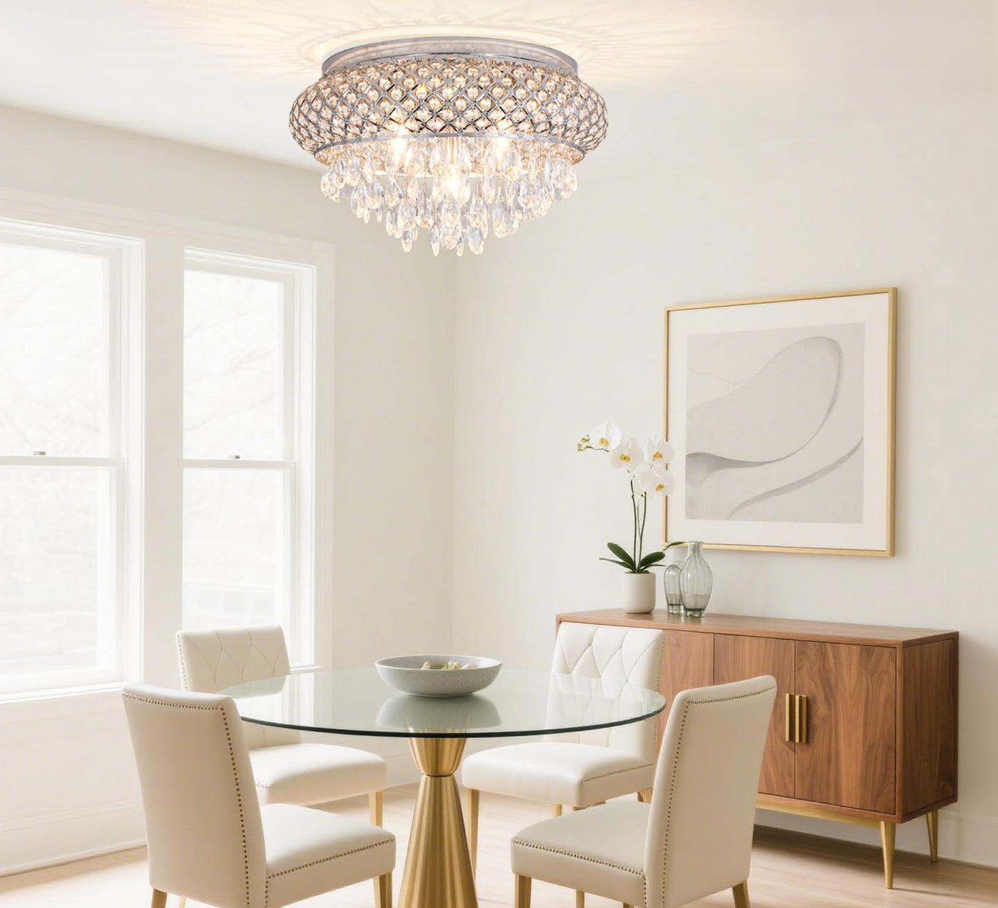 Maxax stylish Modern Flush Mount Ceiling Light, 5-Light, Large Chrome Crystal Fixture For Living Room, Bedroom, Dining Room, Kitchen