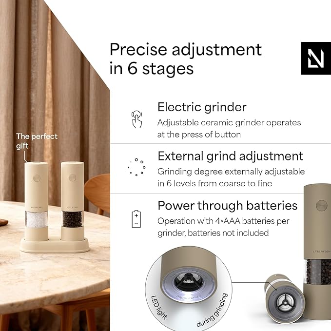 LARS NYSØM Electric Salt and Pepper Grinder Set I Automatic Salt and Pepper Mills with Adjustable Ceramic Grinder I AAA-Battery Operated Electric Spice Mill Set (Taupe Brown)