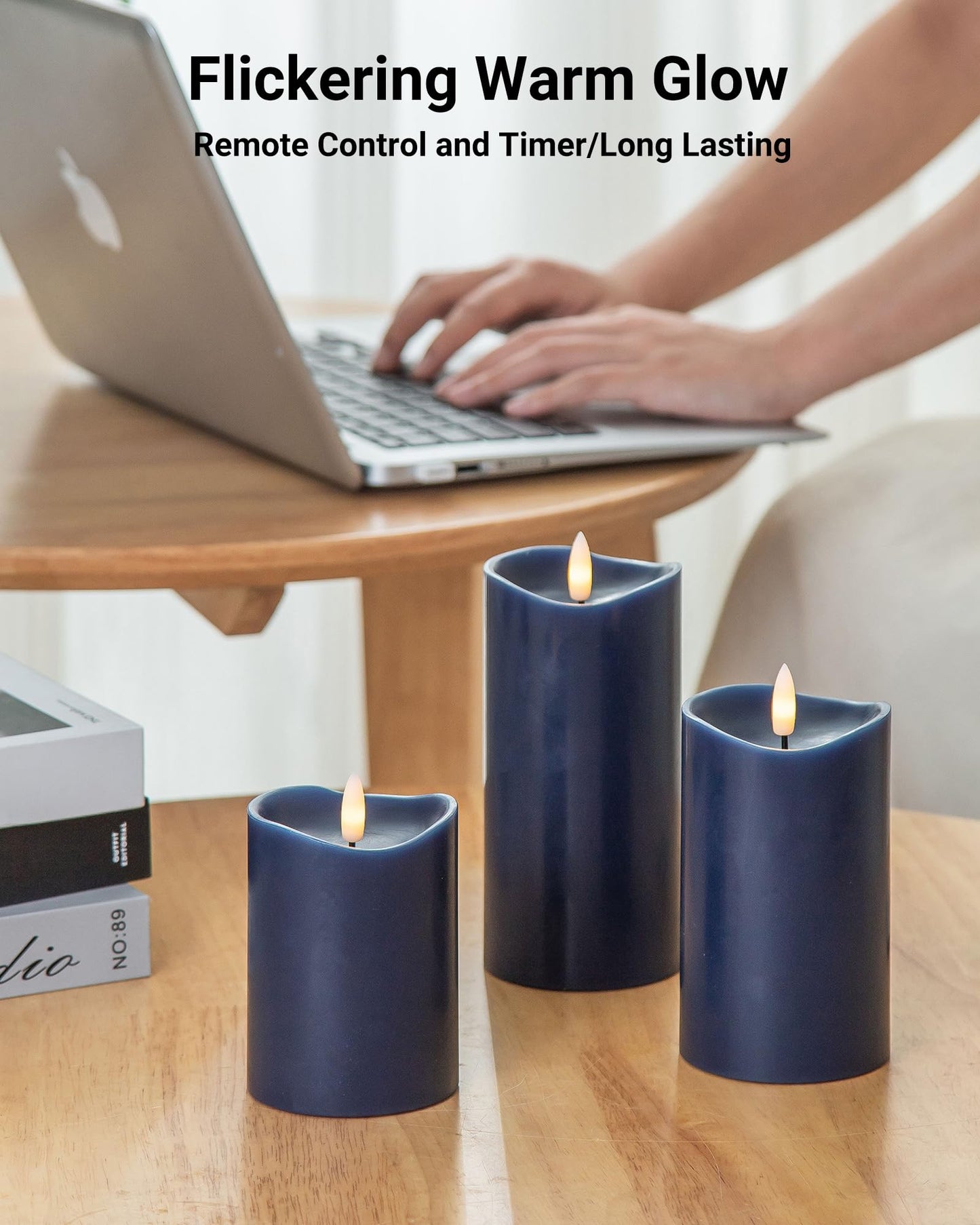 Velsyn Navy Blue Flameless Candles with Remote and Timer, Real Wax Made LED Pillar Candles Battery Operated with 3D Flickering Flame Melted Top, 3" x 4", 3" x 5", 3" x 6", Navy Blue Decor, Set of 3