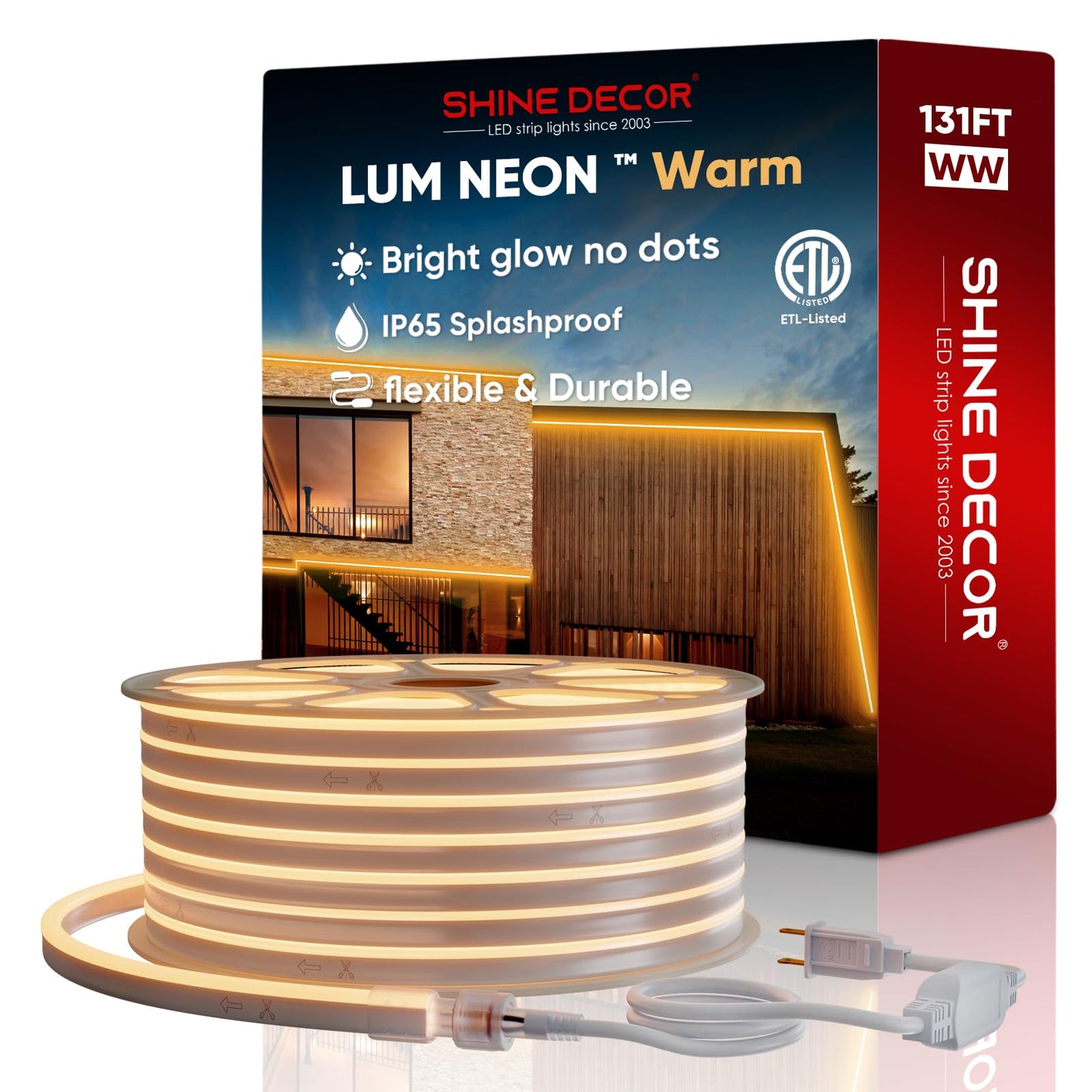 Shine Decor LED Neon Rope Lights, 131FT Waterproof SMD2835 Strip, 2500K Warm White, PVC Material, Indoor/Outdoor Ambiance Lighting