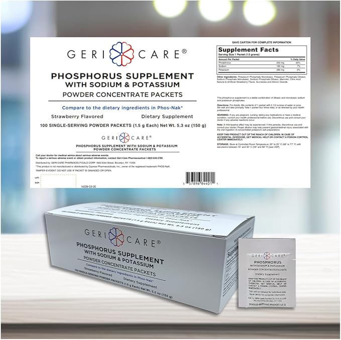 GeriCare Phosphorus Supplement Powder with Sodium & Potassium – 100 Count Strawberry-Flavored 1.5g Packets for Bone, Nerve, and Muscle Support – Easy-to-Mix Electrolyte Formula