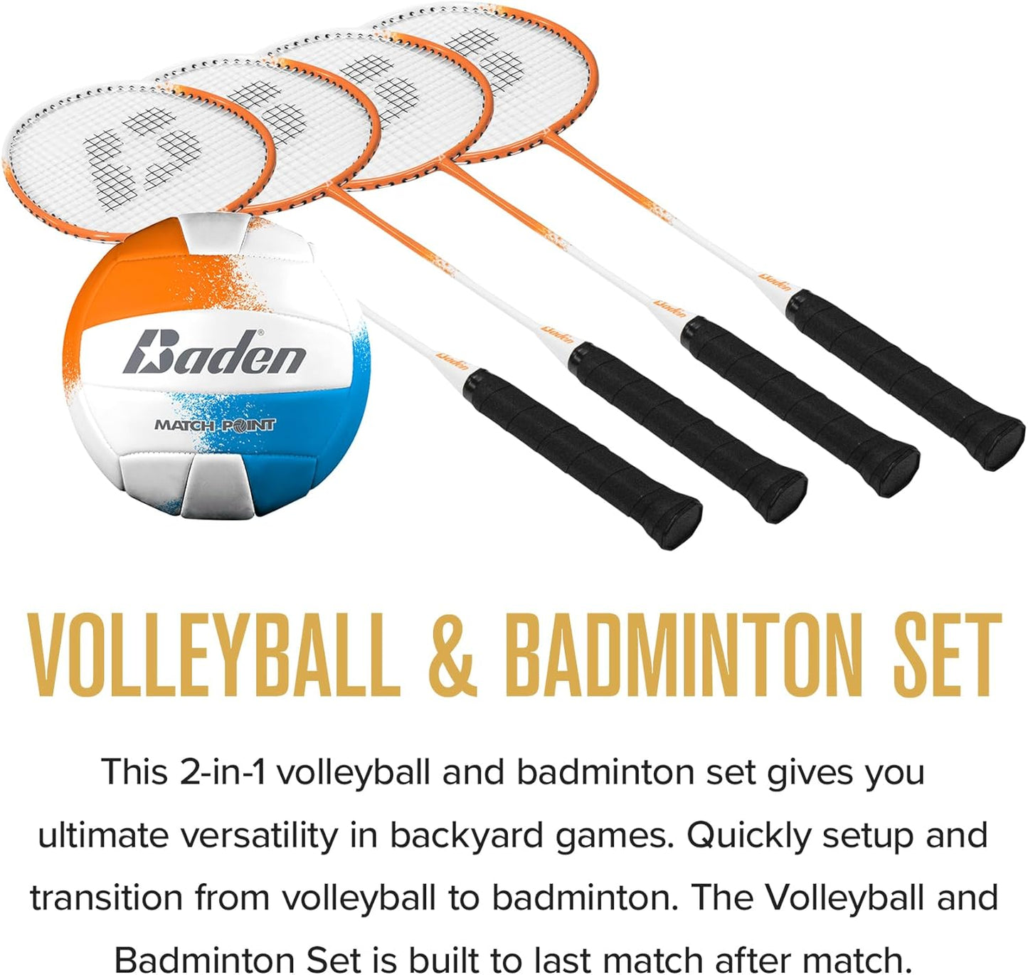 Baden Champions Volleyball/Badminton Portable Combo Set, 4 Raquets + 3 Birdies + Boundary + Volleyball + Pump + Carry Bag