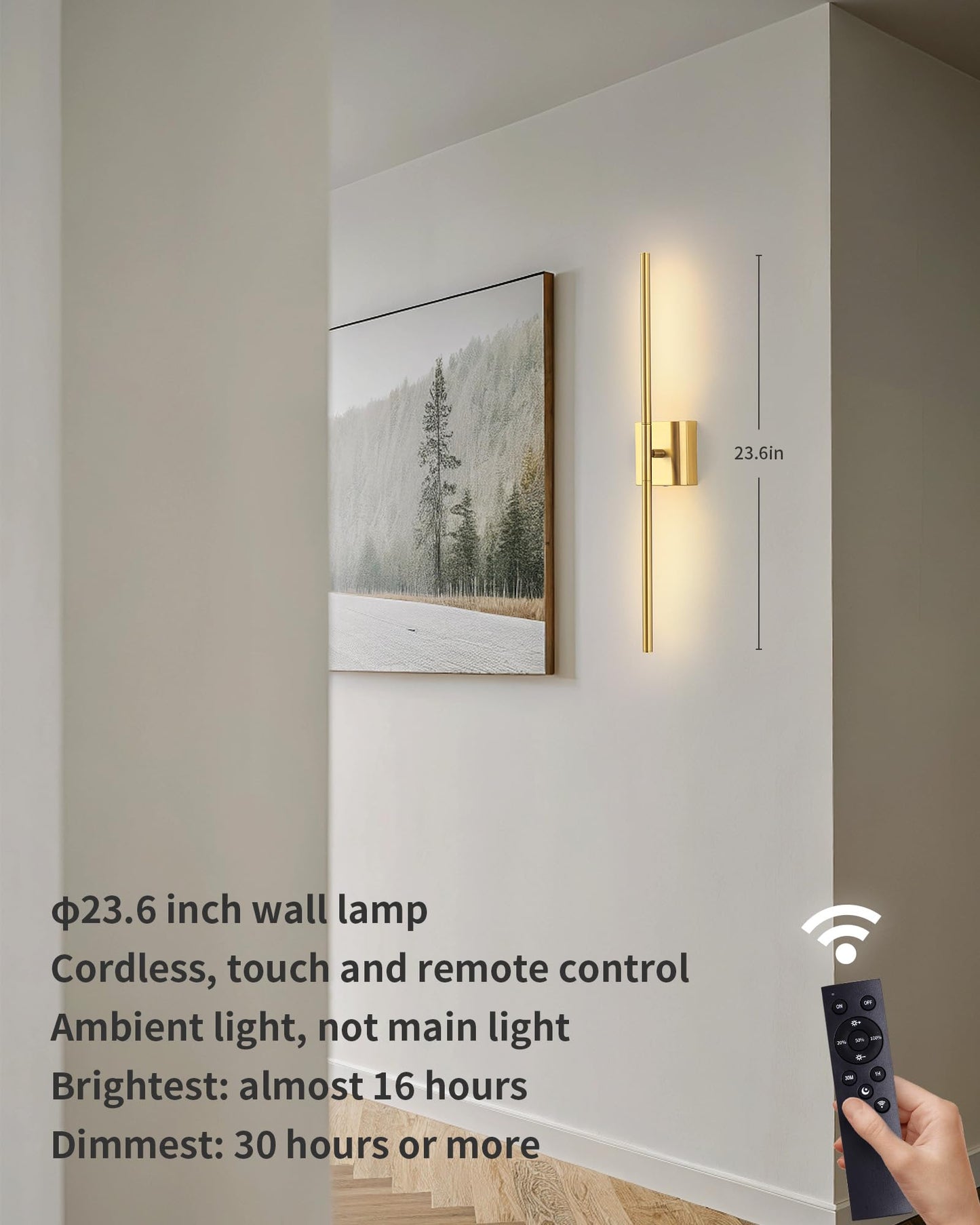 KDG Cordless Wall Sconces, LED Wall Lamps with Remote Control, 7000mAh Battery, 23.6 inch, Gold, Model AMZ-TBL-037