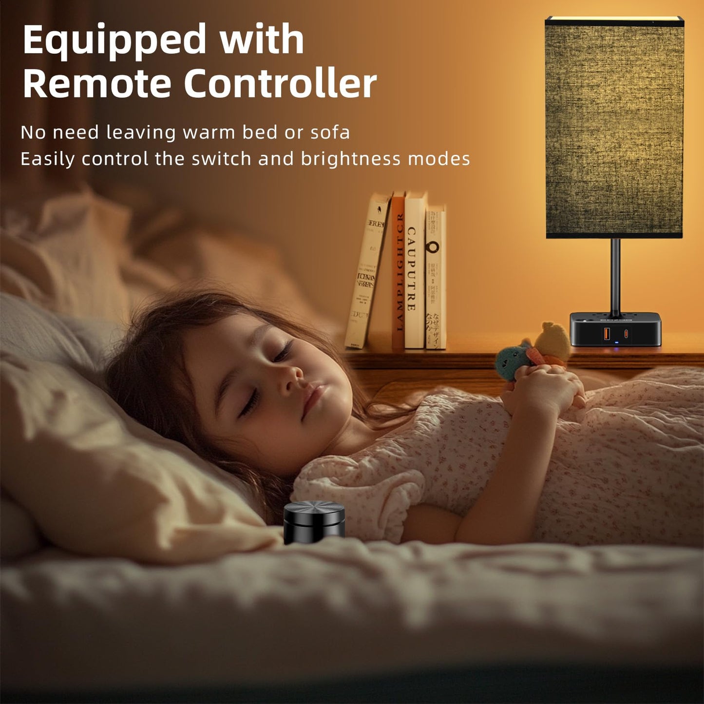 cozoo Table Lamp with Remote Control, Dimmable, USB C+A Charging, 2 AC Outlets, Standard Size, Black Shade, Model MC018S