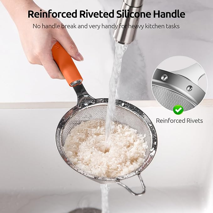 U-Taste Fine Mesh Food Strainer: 18/8 Stainless Steel 30 Mesh Kitchen Sieve with Sturdy Riveted Silicone Handle, Heavy Duty Deep Handheld Metal Colander (Small/3.35in+Medium/4.73, Orange)
