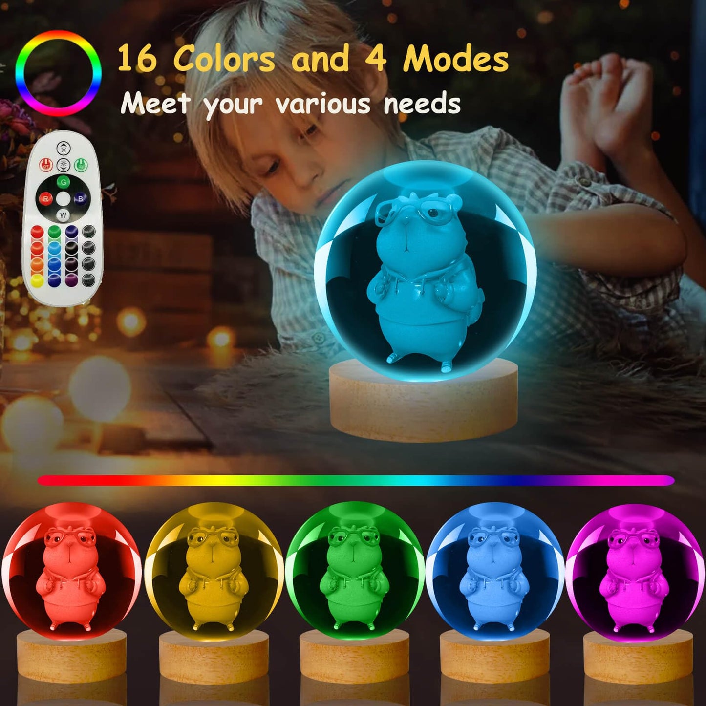 Linsina Dragon Lamp  3.15In 16 Colors Crystal Ball Night Light With Wooden Base And Remote Control  Birthday Gift And Dragon Gifts For Women Men Kids (Capybara)