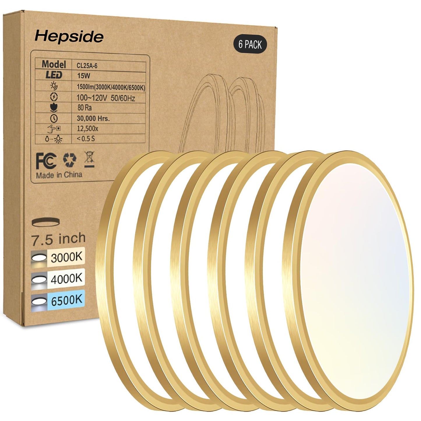 Hepside 6-Pack LED Flush Mount Ceiling Light, 3CCT 3000K-4000K-6500K, 15W 1500Lm, 7.5