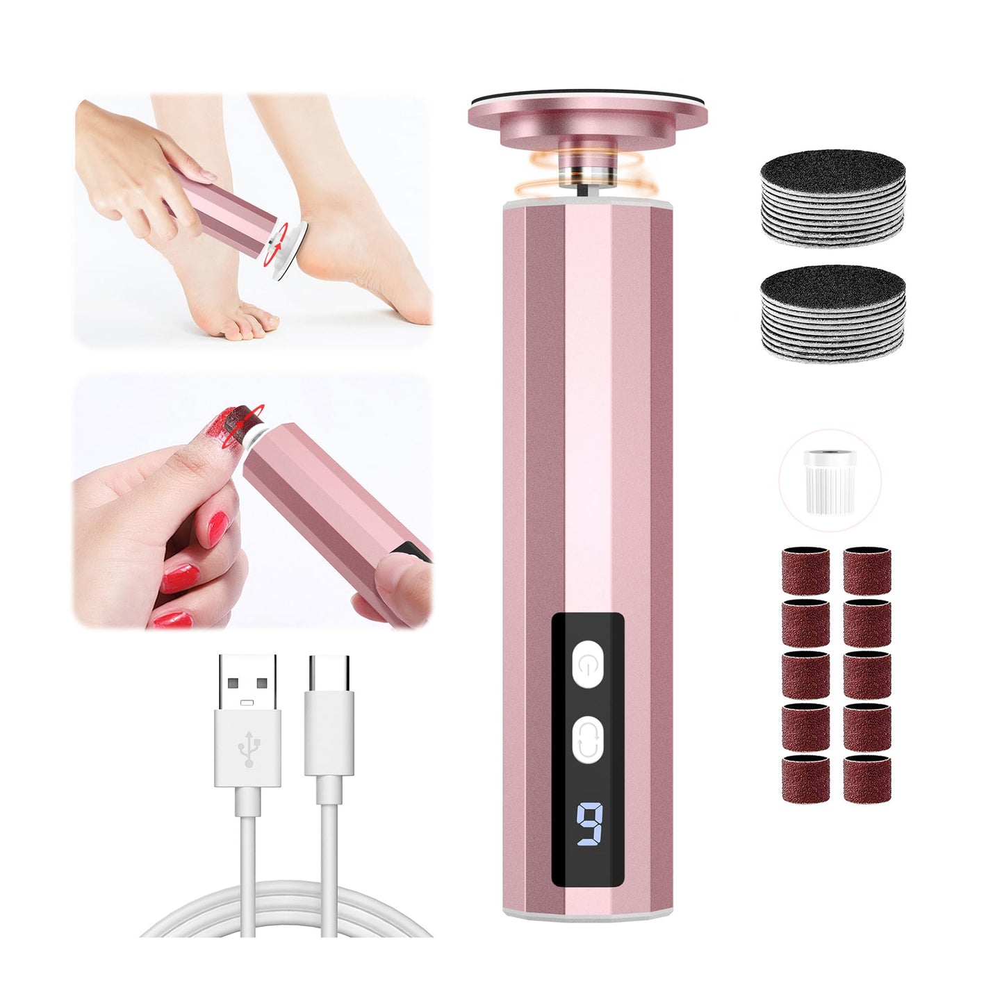 Electric Foot Callus Remover, 2 in 1 Rechargeable Foot File for Feet & Nails, 9 Speed Controller Callus Remover with Replaceable